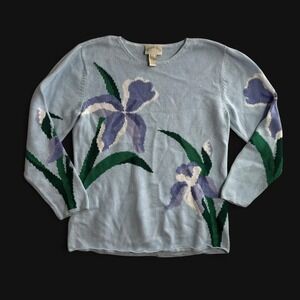 Vintage Belle Isle Blue Floral Knit Sweater Purple Iris Ramie Cotton Womens M